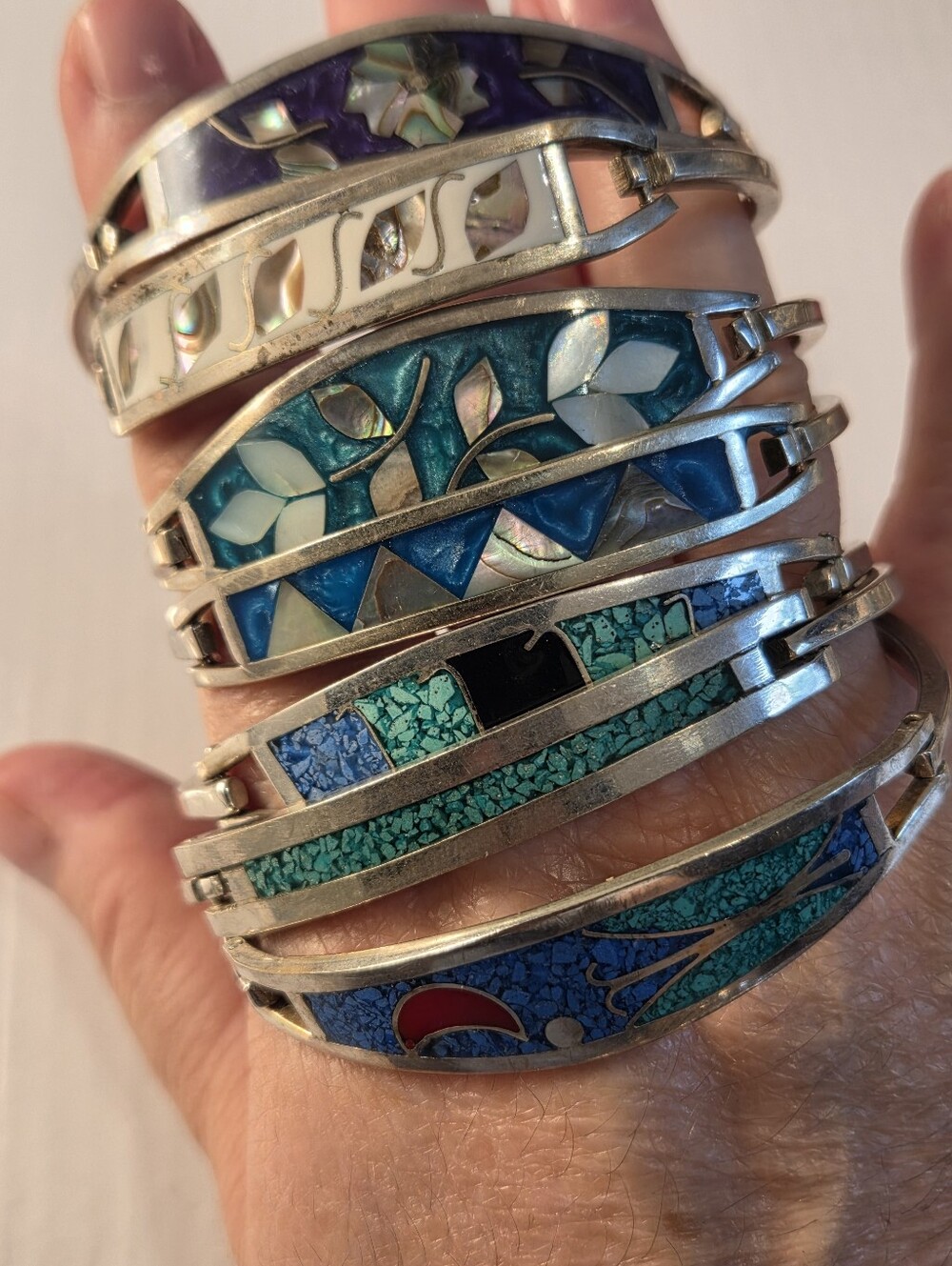 Sterling Silver Filled  Blue and Teal Inlay Bangle Bracelet - Picture 2 of 16